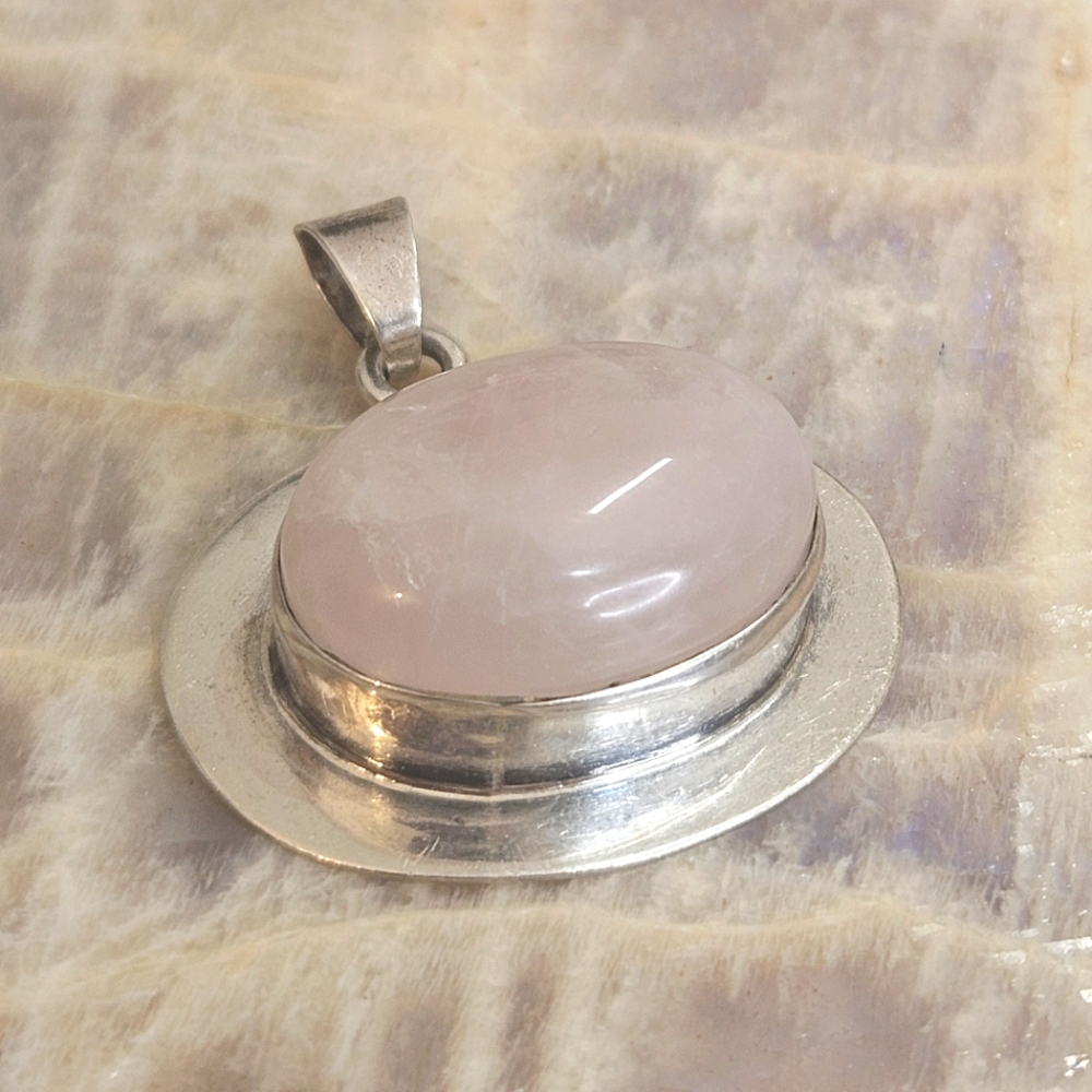 Rose Quartz Sterling Silver Mexico 925 Pendant 16 Grams - Picture 9 of 11